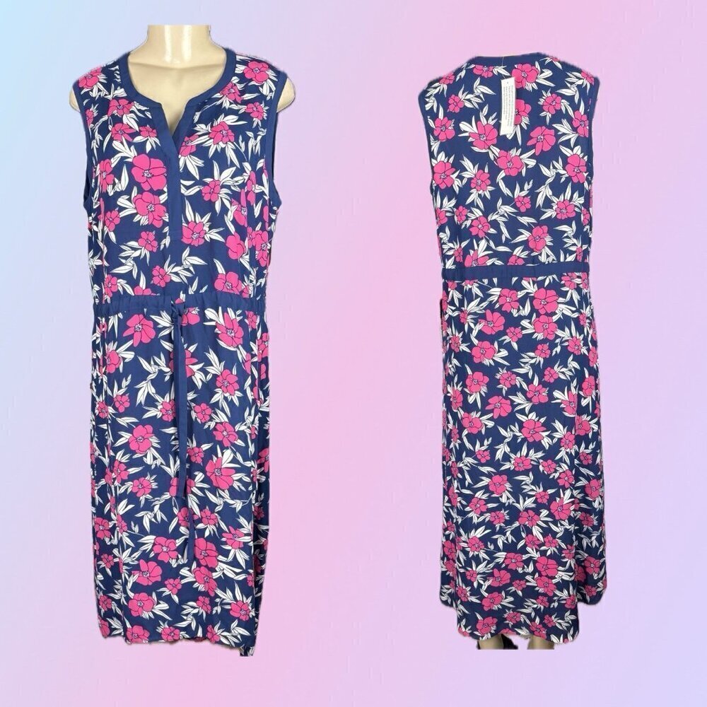 Liz Lange XL Blue-Pink Floral Split Neckline Hi-Lo Hemline Sleeveless Midi Dress